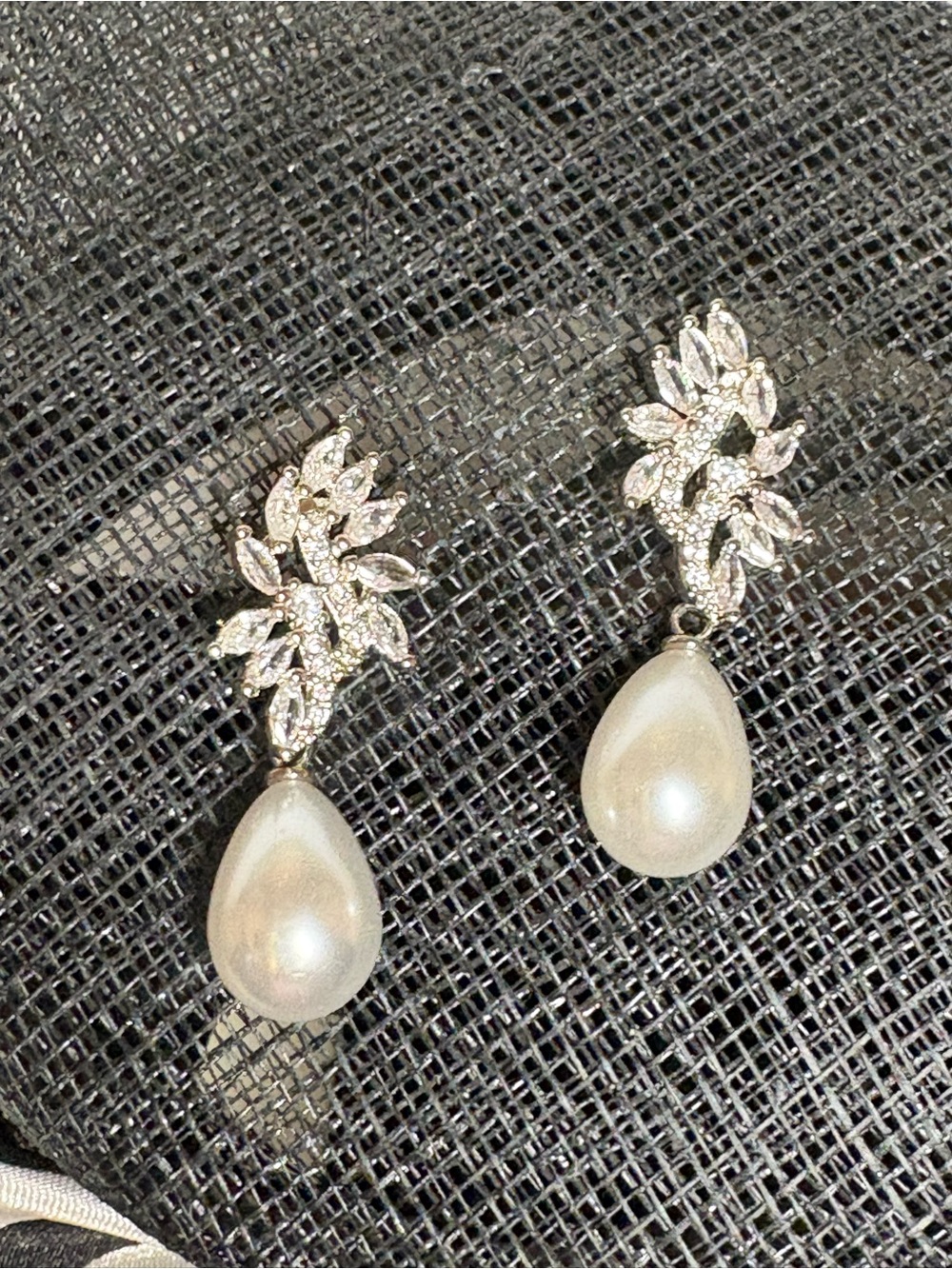 Pearl Teardrop Dangle Earrings with Austrian crystal Leaf Accents